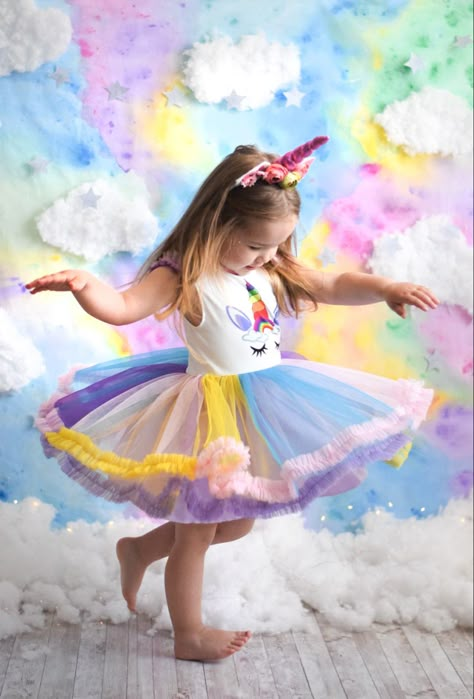 Unicorn Photoshoot Ideas, Unicorn Photoshoot, 3rd Birthday Party For Girls, Dancing Unicorn, Girls Dresses Diy, Stylish Kids Outfits, Dresses Diy, Colorful Party, 3rd Birthday Parties