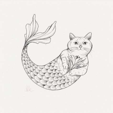 Easy Mermaid Drawing, Tattoo Gato, Full Hand Tattoo, Mermaid Cat, Flash Tattoo Designs, Mermaid Drawings, Cat Tattoo Designs, Mermaid Tattoo, Real Tattoo