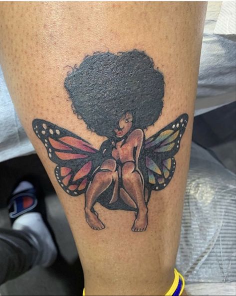 Black Woman Fairy Tattoo, Black Fairy Tattoo, Jd Tattoo, Afro Tattoo, Tattoos Fine Line, Tattoos Floral, Tattoos Watercolor, Couples Tattoos, Mystical Tattoos