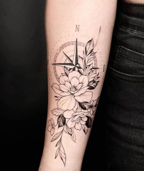 52 Beautiful Compass Tattoos with Meaning Compass Tattoo For Women Beautiful, Compass Tattoo Feminine Half Sleeves, Anchor Sleeve Tattoo Woman, Beautiful Arm Sleeve Tattoos For Women, Sunflower And Compass Tattoo, Adventure Sleeve Tattoo, Compass Tattoo Women Feminine, Compass And Clock Tattoo Ideas For Women, Delicate Sleeve Tattoo For Women Forearm