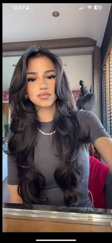 Brown Black Hair Ideas, Styled Black Hair, Volume Black Hair, Natural Dark Balayage, Beach Layers Hair, Light Brown Hair On Black Hair, Jet Black Hair Brown Eyes, Latina Hair Color Ideas Dark Brown, Brown To Black Hair Transformation