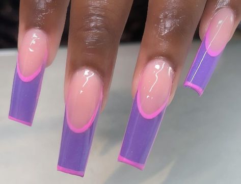 Med Length Coffin Acrylic Nails, Pink And Purple Nails Acrylic, Pink And Purple Acrylic Nails, Purple Square Acrylic Nails, Pink And Purple Nails Designs, Lilac Acrylic Nails, Purple French Tip Nails, Pink Purple Nails, Pink And Purple Nails