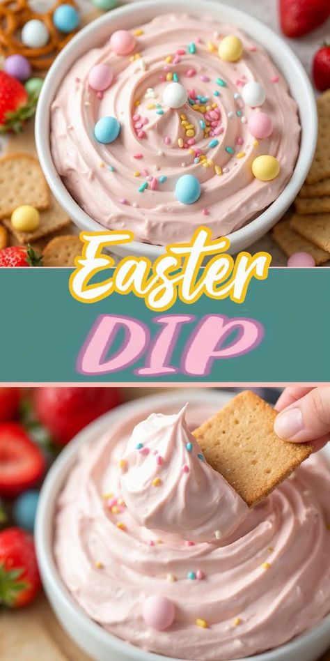 A bowl of fluffy pink Easter dip, swirled and topped with pastel candy eggs and colorful sprinkles. The dip is surrounded by graham crackers, pretzels, and fresh strawberries on a wooden surface. A decorative banner in the center reads "Easter Dip" in bold lettering. Easter No Bake Cheesecake, Egg Free Easter Dessert, Pink Fruit Dip, No Bake Easter Desserts, Fruit Dip With Marshmallow Fluff, Cream Cheese Marshmallow Fluff, Diy Easter Desserts, Easter Appetizer Ideas, Easter Finger Food