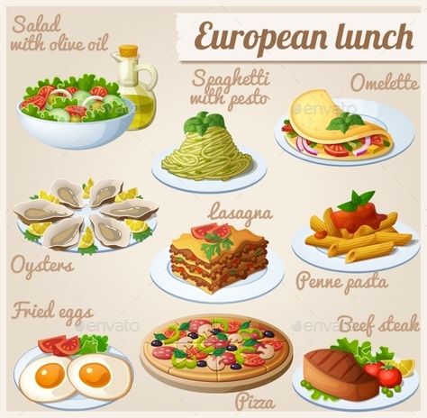 Set of Food Icons. European Lunch Lasagna Pesto, European Lunch, Lunch Illustration, Breakfast Clipart, Beef Pizza, Different Foods, Grill Food, Food Icon, Food Infographic