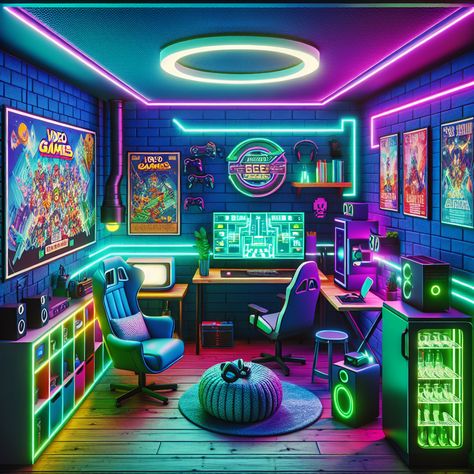 Dive into a stylish, video game-oriented man cave with sophisticated gaming equipment, comfortable seats, and a cool mini-fridge. Vibrant wall art and neon LED lights set a lively ambience, all encompassed by a pulsing blue, green, and purple retro color palette.  #ManCave #GamingRoom #VideoGames #RetroArcade #GamingSetup #GamerLife Gaming Man Cave, Stylish Video, Neon Led Lights, Cave Design, Cool Mini Fridge, Gaming Equipment, Man Cave Design, Wall Game, Purple Retro