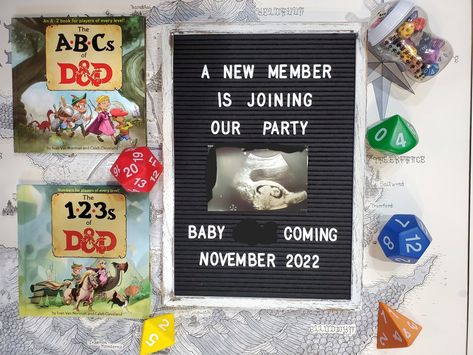 Dungeons and Dragons pregnancy announcement. Felt letter board, dice, RPG/Fantasy themed Dnd Pregnancy Announcement, Book Baby Announcement, Book Pregnancy Announcement, Dnd Baby Announcement, Nerdy Pregnancy Announcement, Nerdy Baby Announcement, Pregancy Announcement, Baby Wise, Nerd Baby