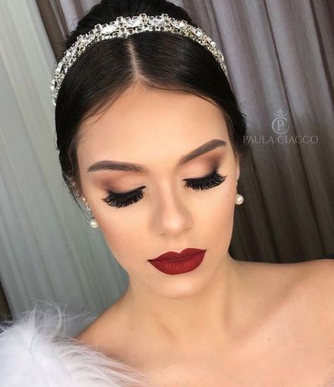 Bridal Eyeshadow, Bridal Makeup Red Lips, Maroon Makeup, Quinceanera Makeup, Wedding Eye Makeup, Glam Wedding Makeup, Red Lip Makeup, Wedding Day Makeup, Wedding Makeup Looks