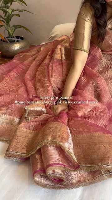 Tissue Saree For Wedding, Banarasi Tissue Silk Saree, Silk Tissue Saree, Pink Silk Saree, Saree Hairstyles, Lehenga Saree Design, Tissue Silk Saree, Simple Saree Designs, Asian Bridal Dresses