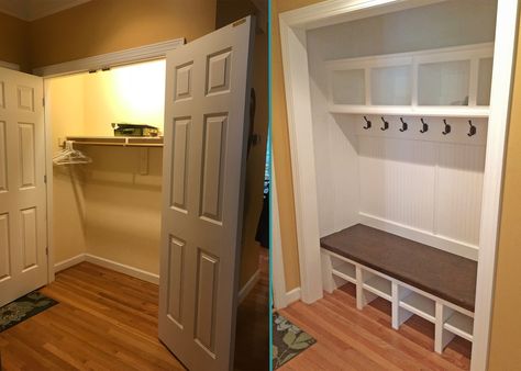 Standard coat closet turned into a recessed mud bench with lower cubbies and stained bench top, beadboard backing detail, upper cubbies, and storage space above upper cubbies.  www.woodmasterwoodworks.com Mud Bench, Closet Conversion, Closet Bench, Front Hall Closet, Mudroom Remodel, Mudroom Closet, Front Closet, Mudroom Makeover, Entry Closet