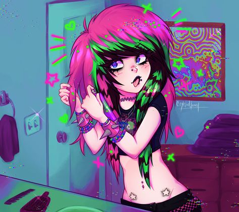 scene kid scene girl Scene Outfits Colorful, Scene Art Emo, Scene Fanart, Scene Emo Art, Scene Kid Art, Scene Pfp, Scenecore Art, Girl Oc, Scene Girl