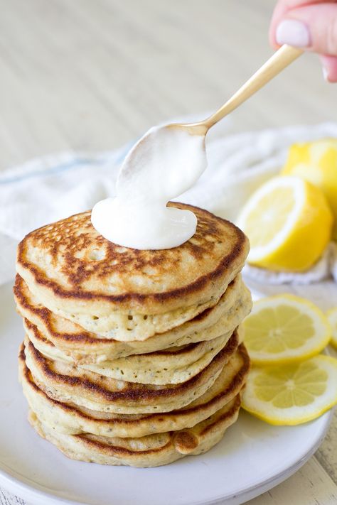 Lemon Chia Yogurt Pancakes - Freutcake Chia Seed Pancakes, Chia Pancakes, Chia Yogurt, Flavored Pancakes, Yogurt Pancakes, Lemon Yogurt, Tasty Pancakes, King Arthur Flour, Fluffy Pancakes