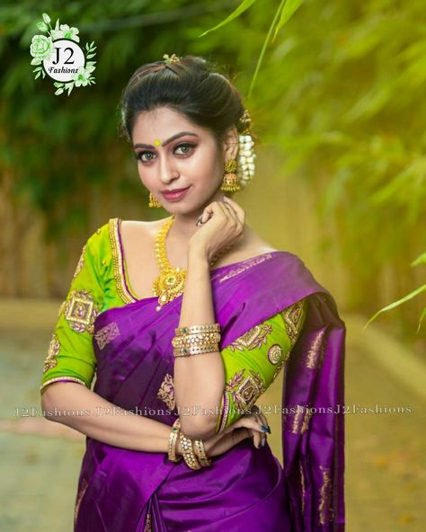 Lite Green Saree Contrast Blouse, Purple With Green Saree, Purple Saree Green Blouse, Brinjal Colour Saree Contrast Blouse, Contrast Blouse For Purple Silk Saree, Purple Colour Saree Contrast Blouse, Light Green Saree With Contrast Blouse, Parrot Green Saree Contrast Blouse, Simple Work Blouse