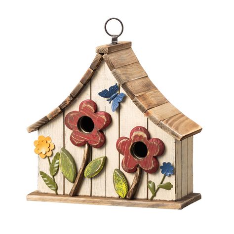 "Buy the Glitzhome® 10.5\" White Distressed Wood Birdhouse with Flowers at Michaels. com. This white townhouse-inspired birdhouse design is crafted of durable solid wood with an elegant palette, handmade distressed details and embellished with 3D flower patterns. This white townhouse-inspired birdhouse design is crafted of durable solid wood with an elegant palette, handmade distressed details and embellished with 3D flower patterns. It will add nice touch to any garden, backyard or patio, and o Retro Palette, Townhouse Garden, Garden Birdhouses, Wood Birdhouses, Townhouse Designs, Birdhouse Designs, Farm House Colors, Decorative Bird Houses, Patio Backyard