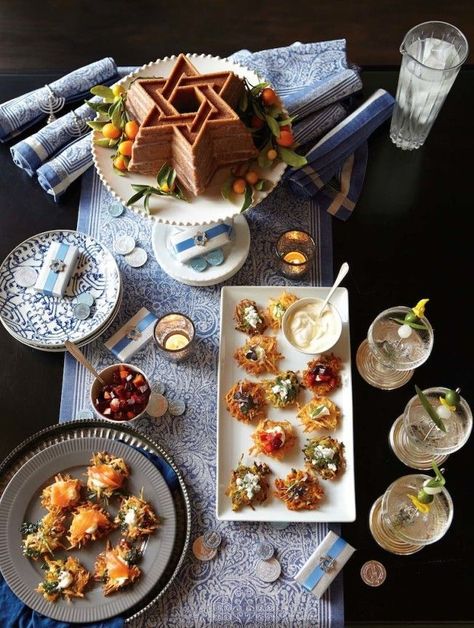 This year we're celebrating Hanukkah with a creative twist on tradition: a vodka and latke party. Hanukah Menu, Hannukah Party, Hanukah Appetizers, Celebrating Hanukkah, Hanukkah Dinner, Happy Hannukah, Jewish Holiday Recipes, Hanukkah Food, Chanukah Party