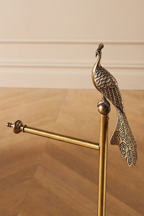 Ornate and practical, this all-in-one toilet paper holder stores extra rolls. | Ida Peacock Standing Toilet Paper Holder by Anthropologie in Brown Powder Room Towel Holder, Guys Bathroom, Standing Toilet Paper Holder, Free Standing Toilet Paper Holder, Man Bathroom, Brass Toilet Paper Holder, Toilet Paper Stand, Rest Room, Peacock Decor