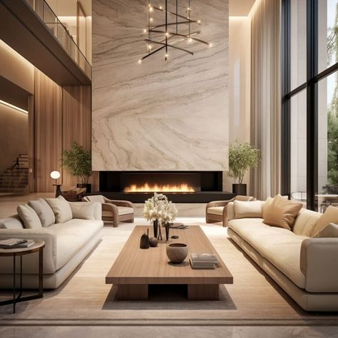 This home’s living room pairs sleek armchairs with soft accents for a chic look. Contemporary Living Room Chairs, Fireplace Feature Wall, High Ceiling Living Room, Latest Living Room Designs, Living Room Decor Fireplace, Living Room Design Decor, Kitchen Design Ideas, Living Room With Fireplace, Fireplace Design