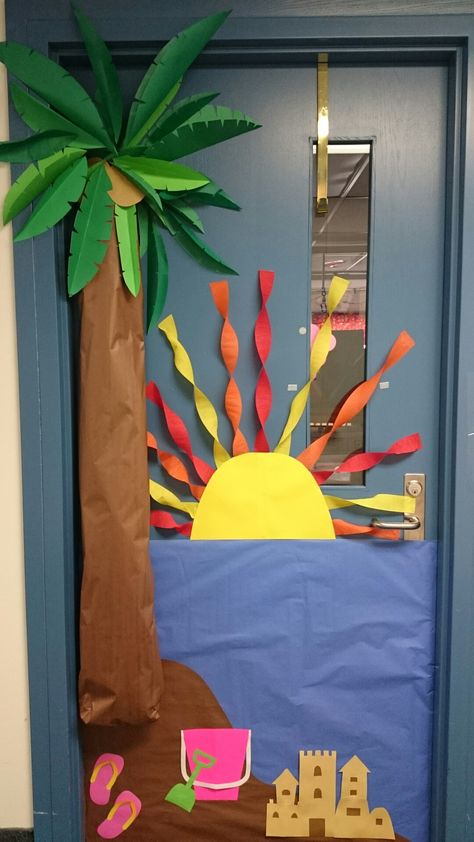 Summer theme classroom door decoration. Tropical Summer Theme Classroom, Classroom Door Decorating, Summer Door Decorations, Teacher Door Decorations, Beach Theme Classroom, Door Decoration Ideas, Teacher Appreciation Doors, Ocean Theme Classroom, Classroom Decor High School