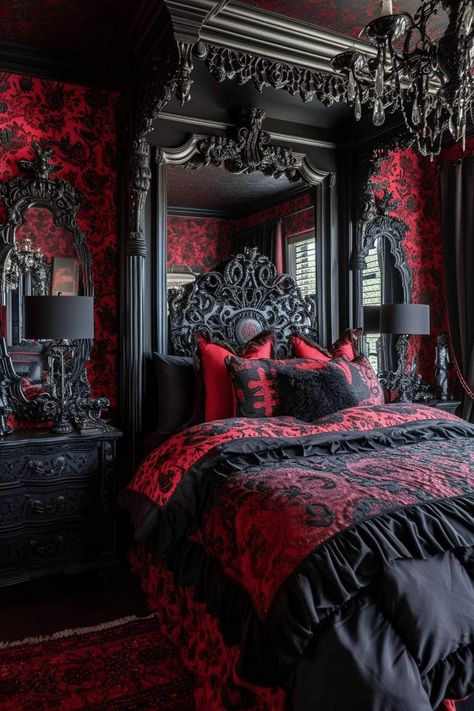 Red Boho Bedroom, Red Black Bedrooms, Home Haunted House, Maroon Walls, Haunted House Decor, Gothic Bed, Purple Bedroom Decor, Goth Things, Gothic Room