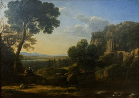 Landscape with Shepherds (paysage pastoral) - Claude Lorrain. 1644. Oil on canvas. 98 x 137 cm. Musee de Grenoble, Grenoble, France. Grenoble France, English Landscape, Tropical Illustration, Camille Pissarro, Artistic Inspiration, Wikimedia Commons, Landscape Painting, Beautiful Paintings, Landscape Art