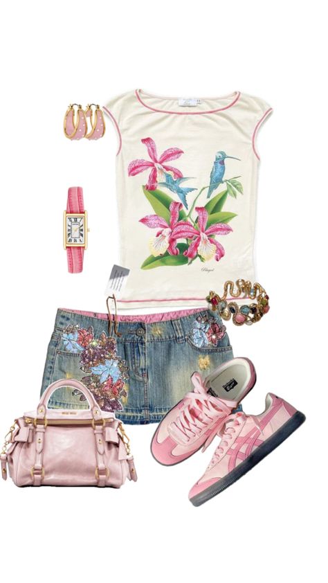 Outfit Jean Skirt Outfit, Light Pink Shoes, White Baby Tee, Outfit Inspo Casual, 2000s Fashion Outfits, Pink Jewelry, Swaggy Outfits, Simple Trendy Outfits, Skirt Outfit