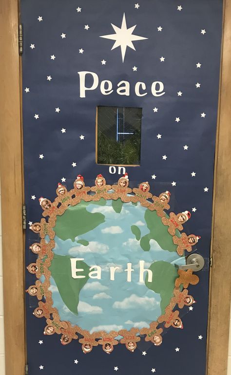 Peace Door Decorations Classroom, Peace On Earth Christmas Decorations, Christmas Around The World Door Decor, Christmas Door Decorating Contest Religious, Christmas Theme Door, Classroom Door Christmas, Preschool Door Decorations, Marine Christmas, Prek Christmas