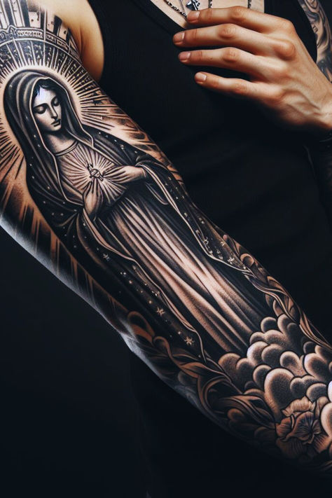 Unique Virgin Mary Tattoo Design
#VirginMaryTattoo #ReligiousArt #DivineInspiration #TattooDesigns #FaithSymbols #SpiritualArt #BlessedMother #DivineFeminine #ChristianTattoo #SacredInk #InkInspiration #CatholicArt #Symbolism #IntricateDesign #InnerStrength #SpiritualJourney #TattooIdeas #FaithfulArt #ReligiousSymbolism Mens Virgin Mary Tattoo, Blessed Virgin Mary Tattoo, Virgin Mary Portrait Tattoo, Feminine Rosary Tattoo, Virgin Mary Shoulder Tattoo, Virgin Mary Tattoo Shoulder, Tattoo Of God, Mother Mary Tattoo Design, St Mary Tattoo