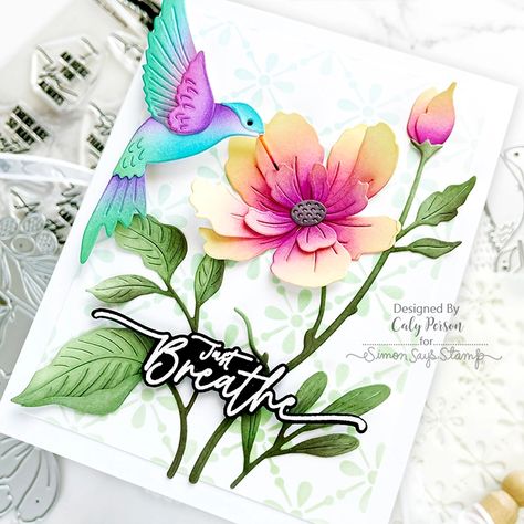 Simon Says Stamp – Exquisite Hummingbird – Caly Person Hummingbird Cards, Stencil Background, Sunny Vibes, Copic Sketch Markers, Honey Bee Stamps, Tin Roof, Elegant Cards, Sketch Markers, Can Can