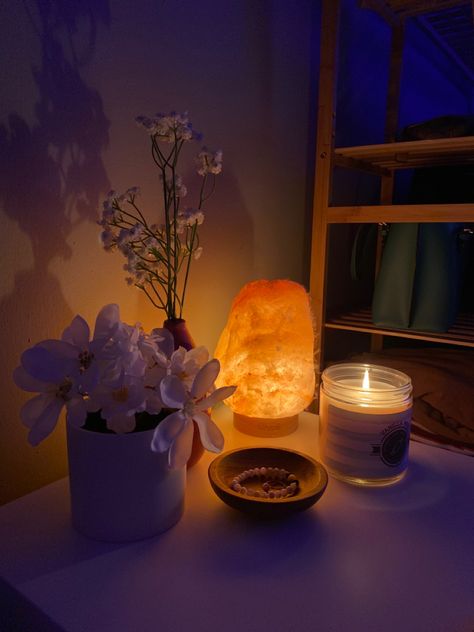 Light Esthetics, Ambient Lighting Aesthetic, Ambient Lighting Bedroom Aesthetic, Diffuser Aesthetic, Warm Lighting Aesthetic, Salt Lamp Aesthetic, Spiritual Bedroom Aesthetic, Salt Lamp Bedroom, Lamp In Bathroom