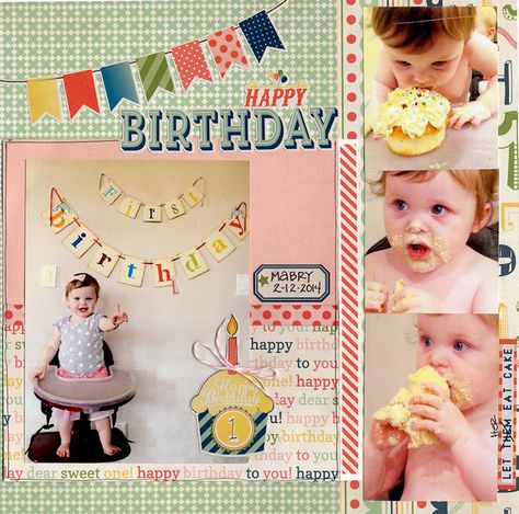 Layout: Happy First Birthday Scrapbook Birthday, Birthday Scrapbook Layouts, Birthday Scrapbook Pages, Baby Scrapbook Album, Scrapbook Generation, Baby Scrapbook Pages, Party Giveaways, Happy First Birthday