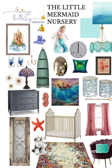 Disney Girl Nursery, Disney Nursery Girl, Nursery Moodboard, Little Mermaid Nursery, Nursery Mood Board, Disney Baby Rooms, Wearable Blankets, Girl's Rooms, Fairytale Bedroom