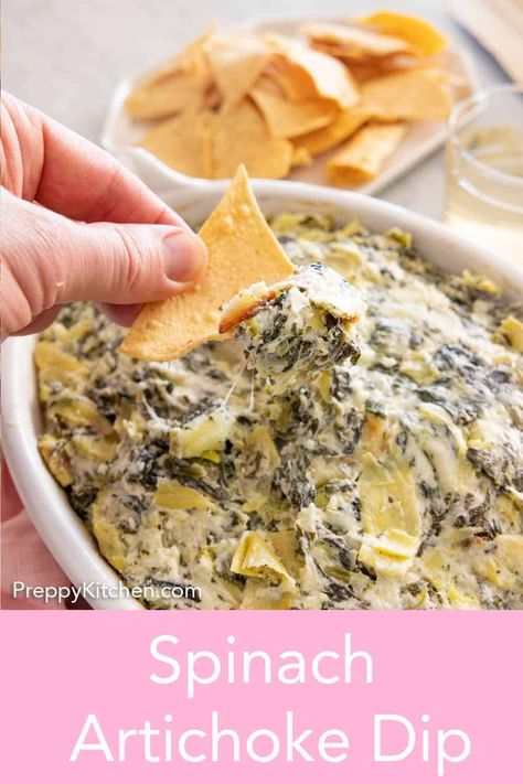 Rich, creamy, and cheesy, this Spinach Artichoke Dip is always a crowd-pleaser. Chock full of spinach, artichoke, and cheeses, this dip is so easy to make! All you have to do is mix the ingredients together, then bake until golden and bubbly. Preppy Guy, Baked Artichoke Dip, John Kanell, Dips Appetizers, Spinach Artichoke Dip Recipe, Artichoke Dip Recipe, Carnitas Recipe, Preppy Kitchen, Spinach Artichoke Dip