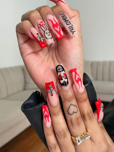 Bad Bunny Nails, Nail Inspo, Red Flames, flames Nails, Nail Art, matte nails, charms, bling, swarovski, Bad Bunny, Benito, YHLQMDLG, El ultimo tour del mundo, badbunnypr Bad Bunny Nails, Acrylics Nails, Acrylic Nails Almond Shape, Concert Nails, Bad Nails, Holloween Nails, Bunny Nails, Halloween Acrylic Nails, Acrylic Nails Coffin Pink