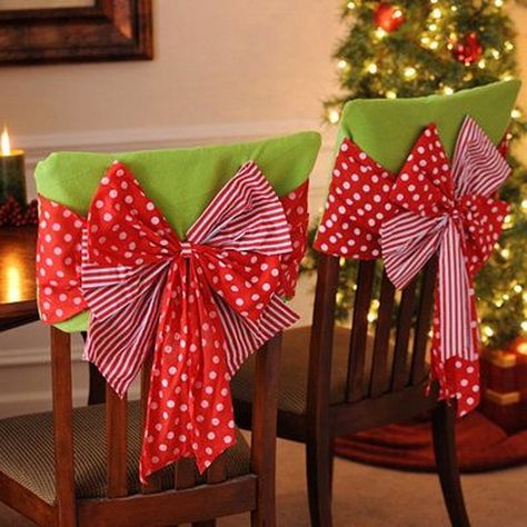 35 Festive Holiday Chair Decorations  Family Holiday Christmas Chair Covers, Christmas Chair, Christmas Entertaining, Christmas Kitchen Decor, Christmas Table Cloth, Christmas Dining, Christmas Plates, Christmas Table Settings, Chair Decorations