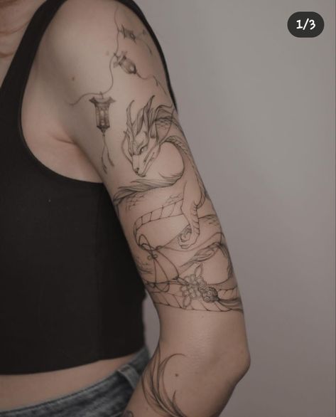 Dragon Tattoo On Upper Arm, Haku Wrap Tattoo, Dragon Arm Tattoo Wrap, Haku Arm Tattoo, Haku Tattoo Arm, Dragon Upper Arm Tattoo, Upper Arm Wrap Tattoo, Haku Dragon Tattoo Design, Dragon Tattoo For Women Arm