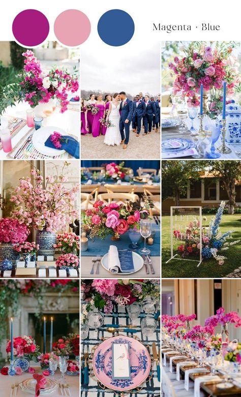 Wedding Magenta Color Schemes, Blue Pink Flowers Wedding, Wedding Decor Pink And Blue, Magenta And Blue Wedding Theme, Blue And Pink Summer Wedding, Blue Magenta Color Palette, Hot Pink And Royal Blue Wedding, Mid Summer Wedding, Magenta And Navy Blue Wedding