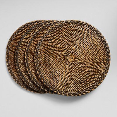 Natural and gorgeous at the same time, these Woven Rattan Placemats bring an eco-chic note to any table décor. The round shape and the 100% rattan construction make these table mats the perfect backdrop for every place setting, adding a natural look and feel. They're very easy to mix and match or fit within any style.Features: Intricate woven design, brings texture to the table.Material: 100% rattan + Care: wipe clean with damp clothRound table mats, add shape to the tabletop.Set includes 4 plac Outdoor Place Settings, Gala Setup, Rattan Charger Plate, Rattan Charger, Desert Theme, Dark Wood Table, Dimensional Wall Art, Round Placemats, Wedding Place Settings