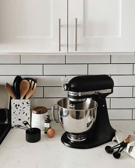 Baking Appliances, Kitchen 2022, Baking Mixer, Matte Black Kitchen, Mini Stand, Kitchen Layouts, Kitchenaid Artisan, Easter Morning, Black And White Decor