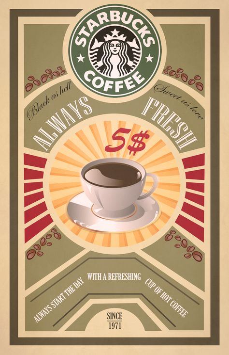 Vintage Poster. Publicity. Publicidad. Retro Starbucks. Starbucks Poster Aesthetic, Starbucks Poster Advertising, Starbucks Advertisement Poster, Retro Ads 70s, 90s Commercials, Drink Poster Design, Postcard Decor, Starbucks Poster, Retro Breakfast