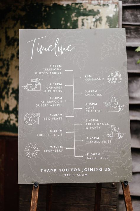 Wedding Timetable Sign, Wedding Sign Display Ideas, Acrylic Wedding Timeline Sign, Diy Wedding Timeline Sign, Wedding Itenary Board, Wedding Timeline Day Of, Wedding Dress Colourful, Timeline Illustration, Timeline Wedding Sign