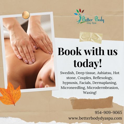 Book with us today! We offer many great services from massages to facials and also waxing! Give us a call at 954-909-9065 to schedule your next appointment! Spa Quotes, Massage Pictures, Massage Business, Better Body, Body Spa, Spa Inspiration, Spa Massage, Beauty Studio, Deep Tissue