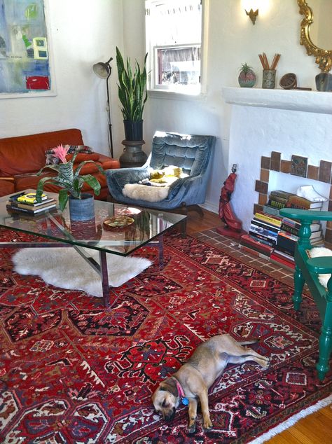 colorful eclectic living room. mix of modern, rustic and vintage. glass and metal coffee table, persian rug, plants, cute puppy. www.ninoshea.com www.etsy.com/shop/ladytulipvintage Mcm Living Room Persian Rug, Red Rug Room, Small Persian Rug, Persian Rug In Bedroom, Persian Rug Modern Living Room, Eclectic Rug Living Room, Red Persian Rug Living Room Decor, Persian Rug Bedroom Aesthetic, Red Persian Rug Bedroom