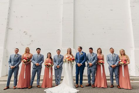 Dusty Coral + Blue I-do's! | Friar Tux Desert Coral And Navy Blue Wedding, Dusty Coral Bridesmaid Dresses, Blue Suit Wedding Colour Schemes, Dusty Coral Wedding, Coral Wedding Party, Wedding Party Color Scheme, Machine Work Embroidery, Terracotta Bridesmaids, Embroidery Dress Designs