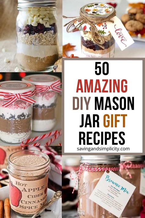 Discover 50 amazing mason jar recipes you can gift all year. DIY gifts in a gar. Cookie recipes in a mason jar, hot cocoa mix in a mason jar and so much more. Mason jar gifts including baking mixes in a jar, meals in a jar, soup mixes in a jar and other amazing mason jar crafts prefect for holiday gift giving. Christmas Crafts To Sell Make Money Mason Jars, Pint Size Mason Jar Gifts Christmas, Homemade Muffin Mix In A Jar, Dips In A Jar Gifts, Hot Cocoa Jars Gift, Spice Mix Gifts In A Jar, Pint Mason Jar Cookie Mix Recipe, Cocoa In A Jar Gift, Mason Jar Gifts For Women Christmas