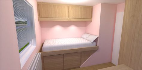 A bed over the stair box Stair Box In Bedroom, Bulkhead Bedroom, Box Room Beds, Box Room Bedroom Ideas, Bedroom Design Diy, Fitted Bedroom Furniture, Small Bedroom Storage, Built In Bed, Fitted Bedrooms