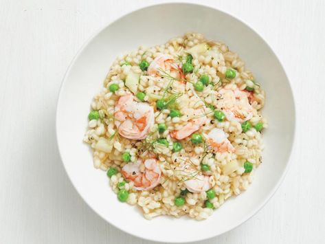 Shrimp and Barley Risotto Recipe | Food Network Kitchen | Food Network Barley Recipes, Grains Recipes, Thm Meals, Shrimp Risotto, Barley Risotto, Barley Recipe, Dish Ideas, Risotto Recipe, Quick Dinners