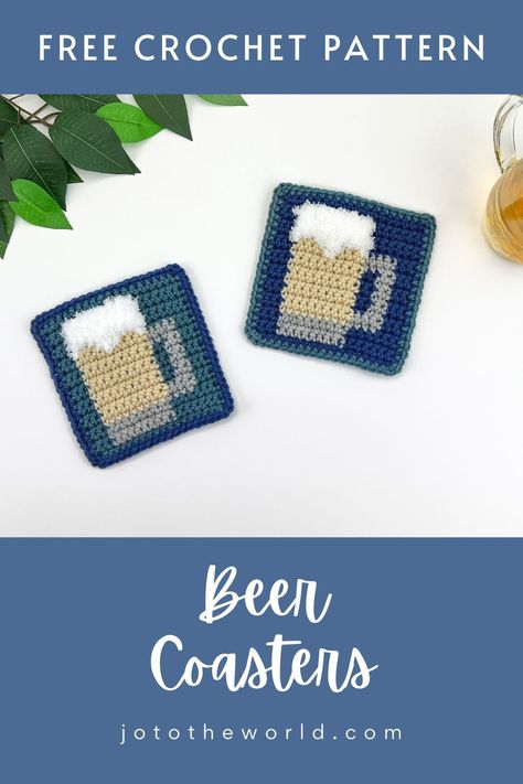 Here's a very fun crochet coaster pattern! These crochet beer coasters are fast and simple to make and make a wonderful square crochet coaster set to give as a gift. Create these funky crochet coasters for any beer drinker in your life! Random Crochet, Crochet Beer, Coasters Pattern, Small Crochet Gifts, Crocheted Coasters, Coasters Crochet, Crochet Coasters Free Pattern, Coaster Pattern, Crochet Coaster Pattern