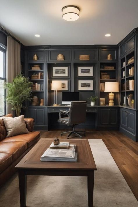 Home Office / Library Ideas, Country Style Office Ideas, In Home Office Ideas For Men, Home Office Study Library, Dining Room Into Home Office, Couch In Office Small Spaces, Office With Black Built Ins, Men Office Room Ideas, Office Moody Design