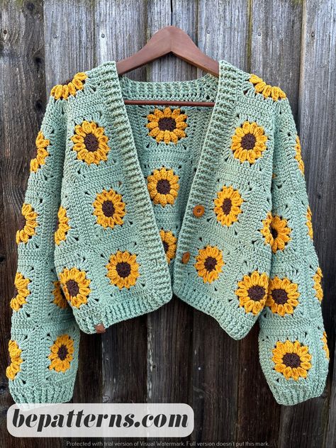 Get Crafty: Free Crochet Cardigan Tutorial for Beginner Cardigan Crochet Granny Squares, Sunflower Crochet Cardigan, Granny Square Crochet Pattern Cardigan, Granny Square Crochet Projects Ideas, Crochet Cardigan Flower, Sunflower Granny Square Cardigan, Crochet Sunflower Cardigan, Crochet Square Cardigan, Sunflower Jacket