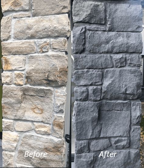 Painted Bedford Stone Exterior, How To Stain Stone Exterior, Stone Stain Exterior, Painting Stone House Exterior, Stain Stone Exterior, Exterior Stone Painted, Stained Stone Exterior, Staining Rock Exterior, Staining Exterior Stone On House