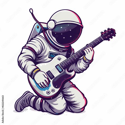 illustration of astronaut playing guitar, for clothing design, white background, sticker Astronaut Playing Guitar, Guitar Images, Background Sticker, Image Stickers, Clothing Design, Playing Guitar, Doodle Art, Nasa, White Background